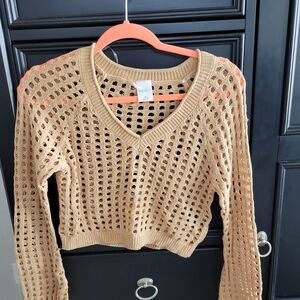 Wild Fable Tan V-Neck Crochet Sweater